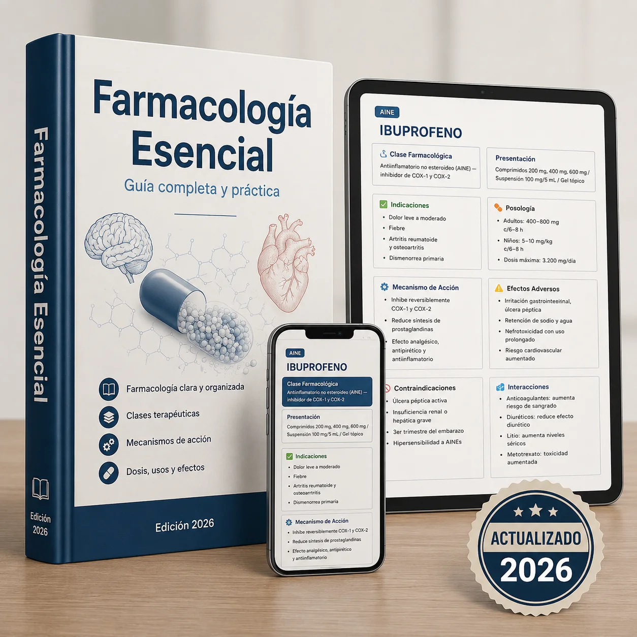Farmacología Esencial en formato guía, tablet y celular, con la ficha de Ibuprofeno en pantalla